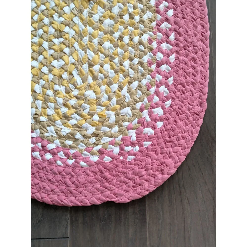 Braided Rag Rug Oval 22.5 x 29 Coral Pink Yellow Gold White